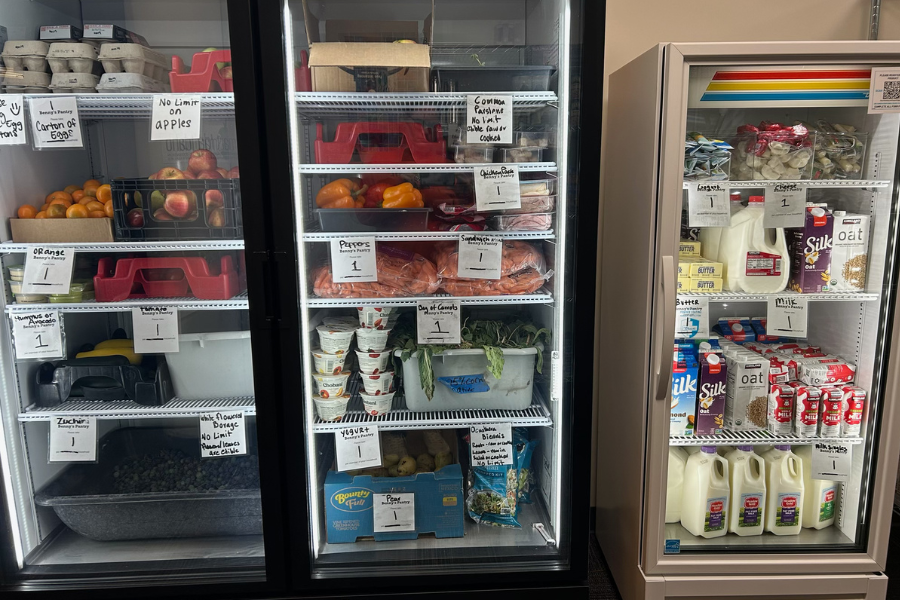 Benny's pantry refrigerators with glass-fronts show them full of fresh foods like eggs, milk, and meats